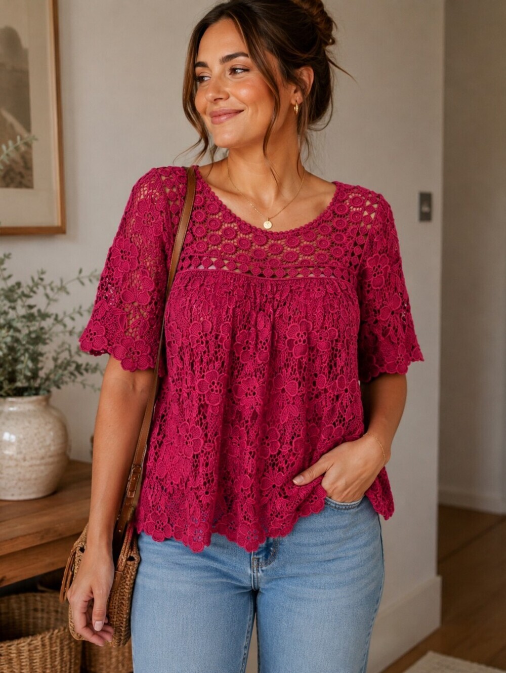 Anthropologie Crochet Lace Scoop Neck Top